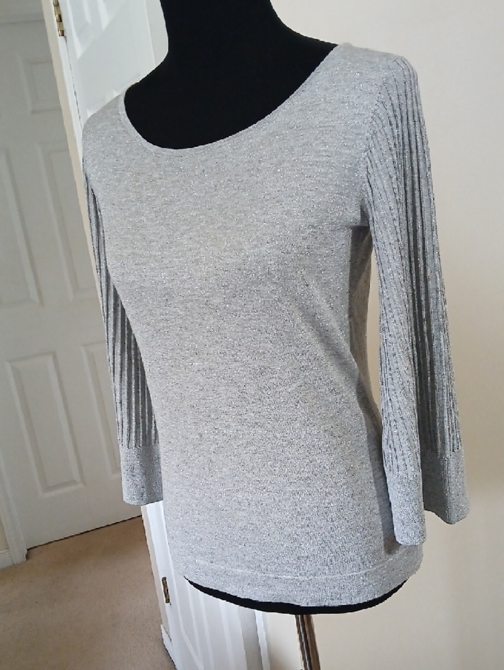 Talbots Silver Sparkle Long Sleeve Scoop Neck Top - Picture 8 of 10